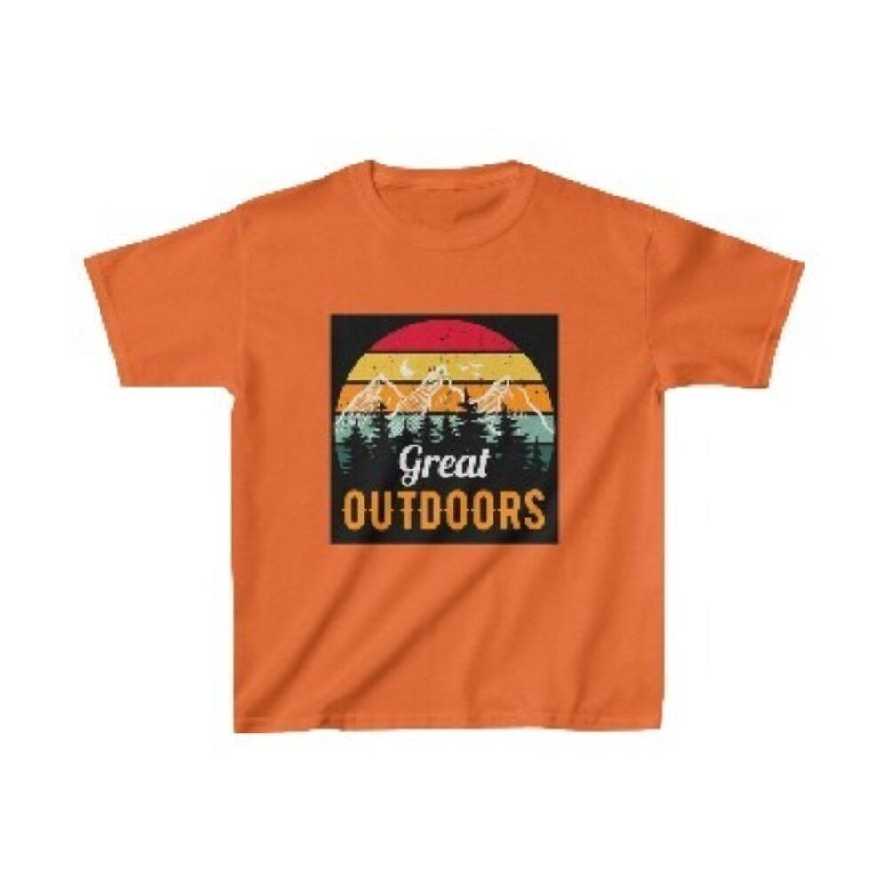 Orange T-Shirt with Retro Sunset, Mountains, and 'Great Outdoors' Graphic